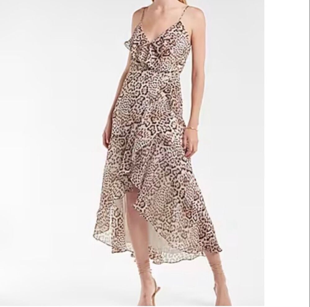 Express Leopard Print Ruffle High-Low Maxi Dress Women’s Medium Spaghetti Strap
